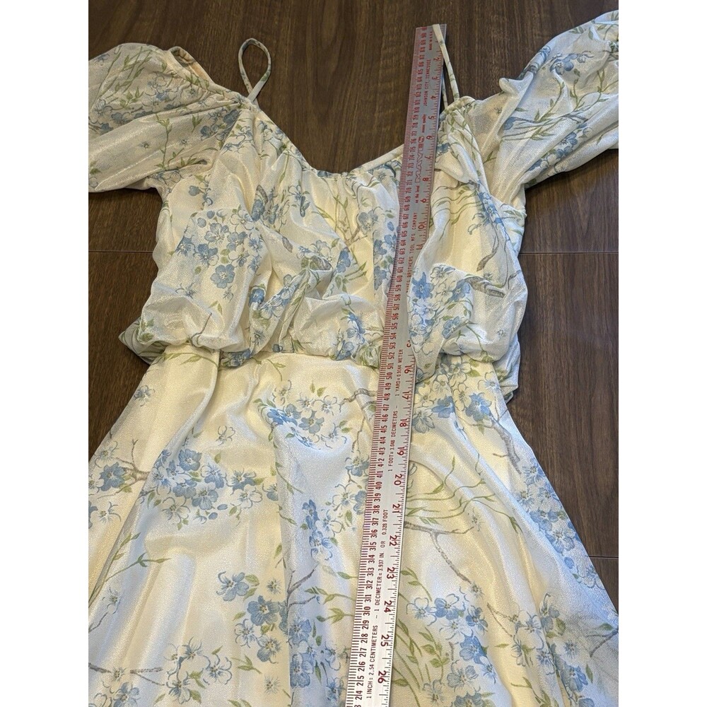 Vtg 70s Cream Delicate Blue Flowers Blouson Maxi Dress Floral Prairie Cottage - Picture 15 of 16